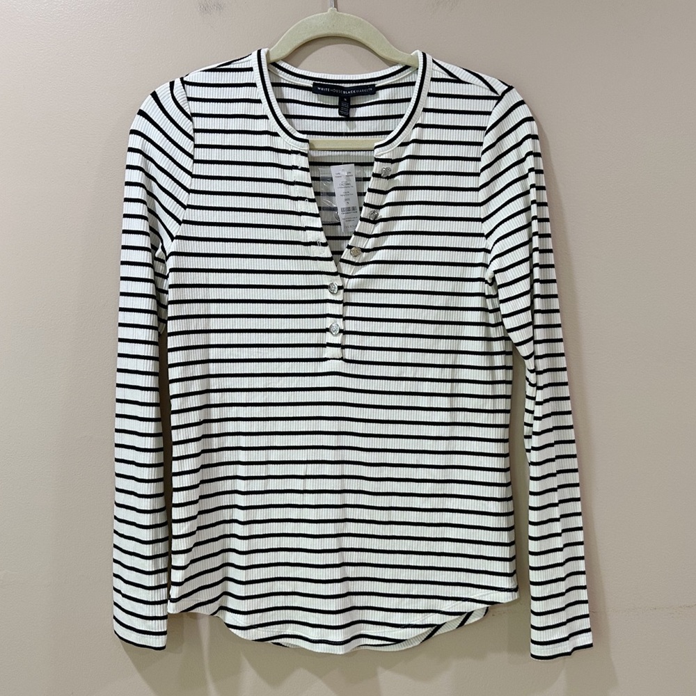 White House Black Market Striped Henley Top Ribbed Long Sleeve Shirt Women S NWT